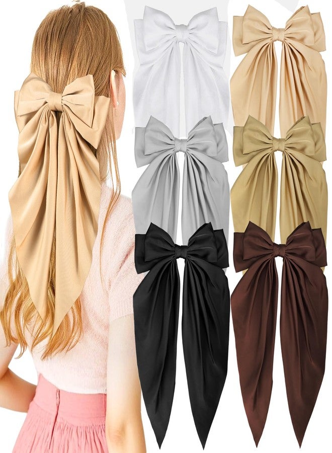 Obeoby 6 Pcs Satin Big Hair Bows, Hair Accessories for Women and Girls Cute Large Bow Clips for Wedding Holiday Birthday Valentines Day Gifts for Her (White, black, brown, gold) - Image 1